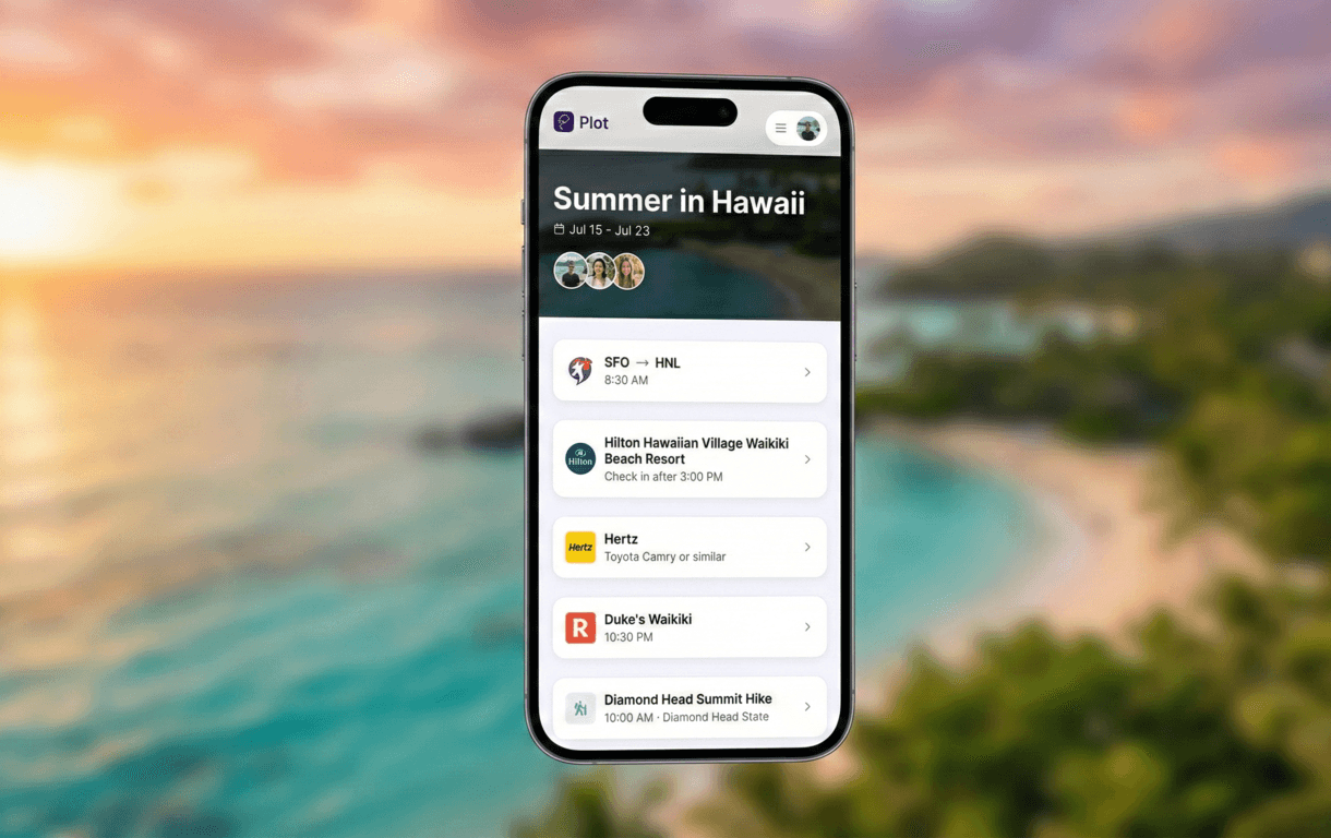 Plot Trip Organizer — Summer in Hawaii itinerary showing flights, hotel, car rental, restaurants, and activities