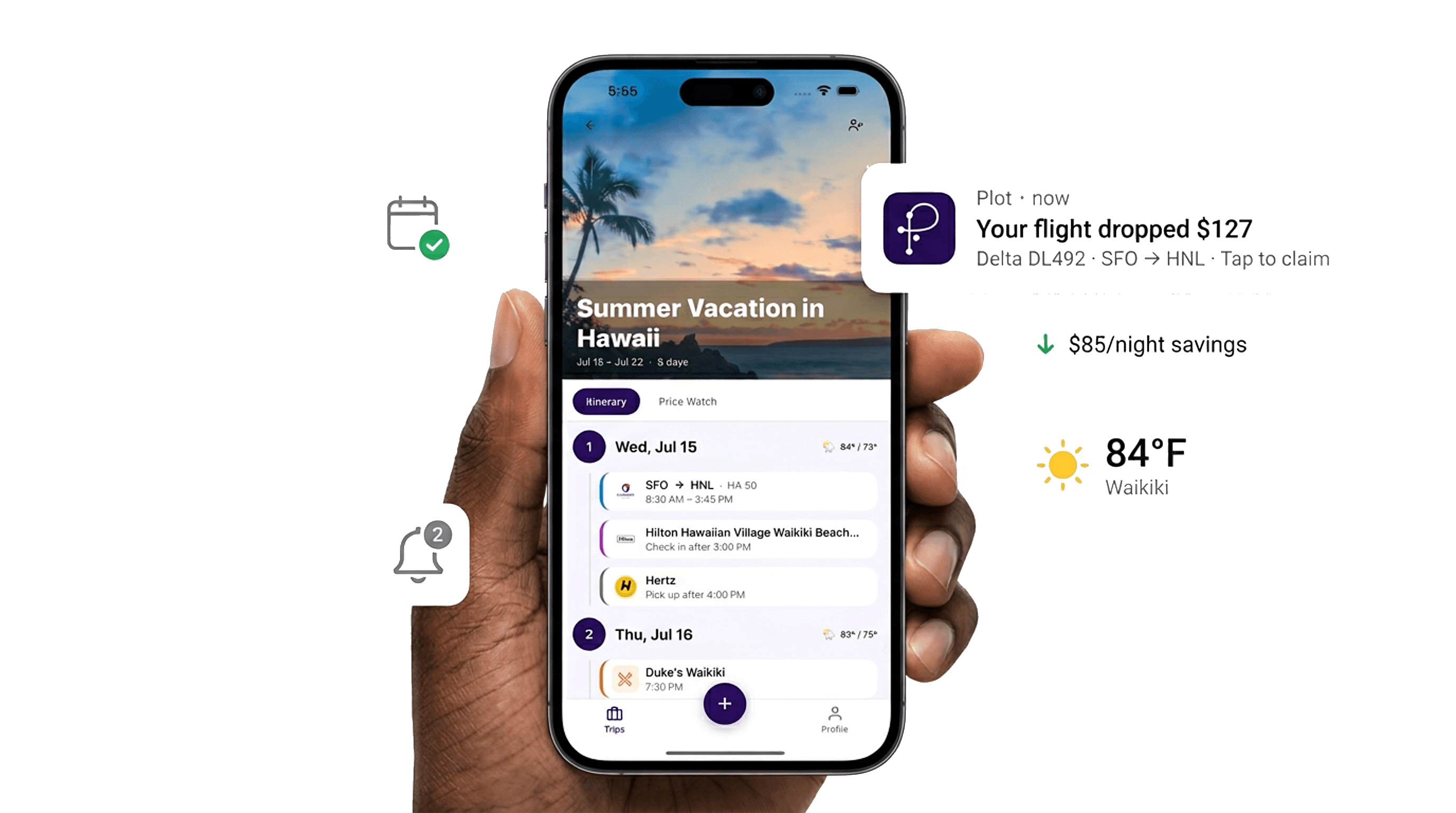 Plot Travel App showing a Hawaii trip itinerary with price drop notifications