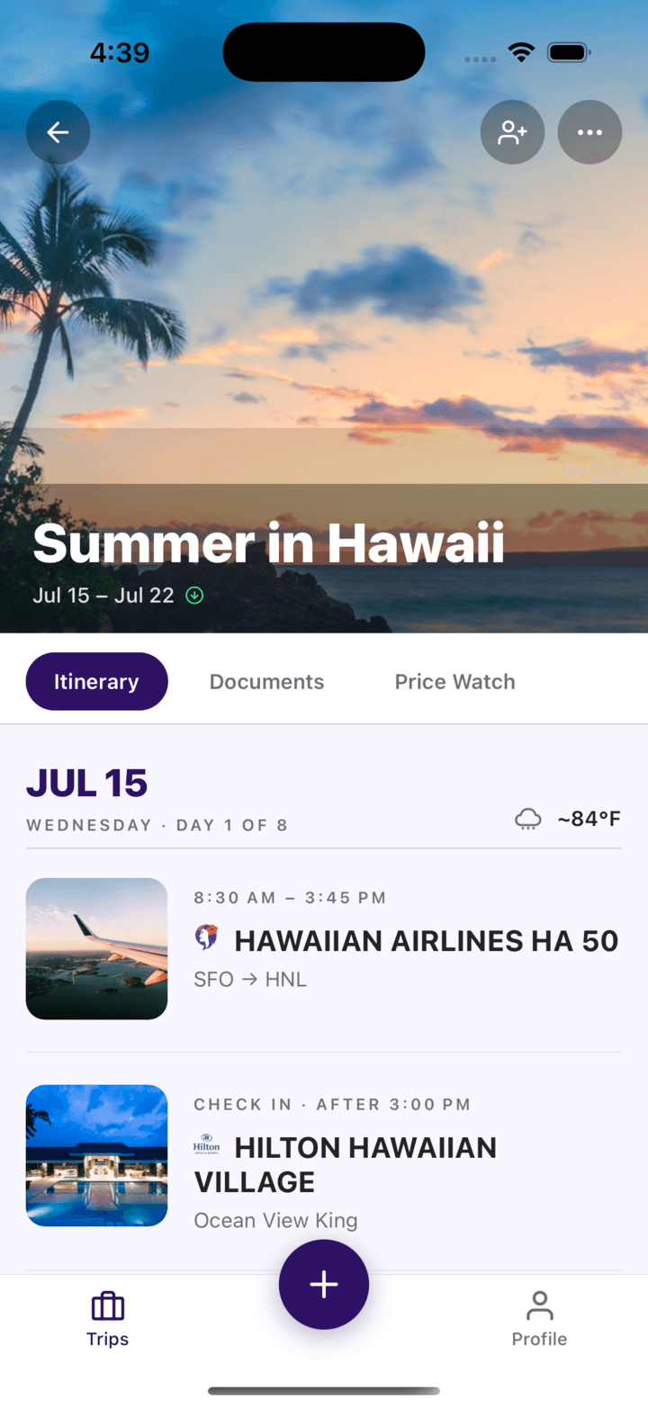 The Plot iOS app showing a Hawaii trip itinerary with the trip group's facepile and daily activities.