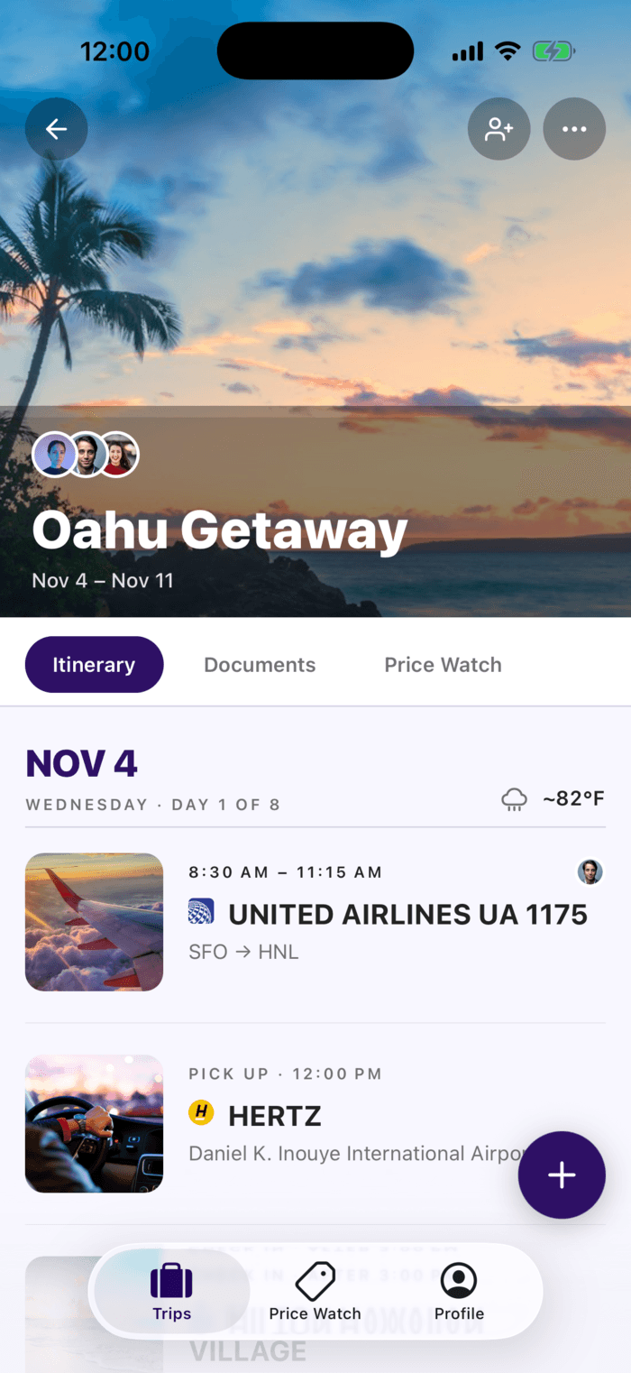 A Plot trip on iPhone: Oahu Getaway with three travelers and a day-by-day itinerary of flight, car rental, and hotel.