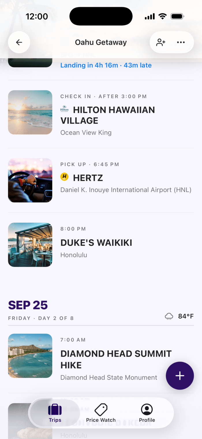 Plot trip organizer showing an Oahu Getaway itinerary: hotel check-in, car rental, and dinner at Duke's Waikiki, then a Diamond Head hike the next morning