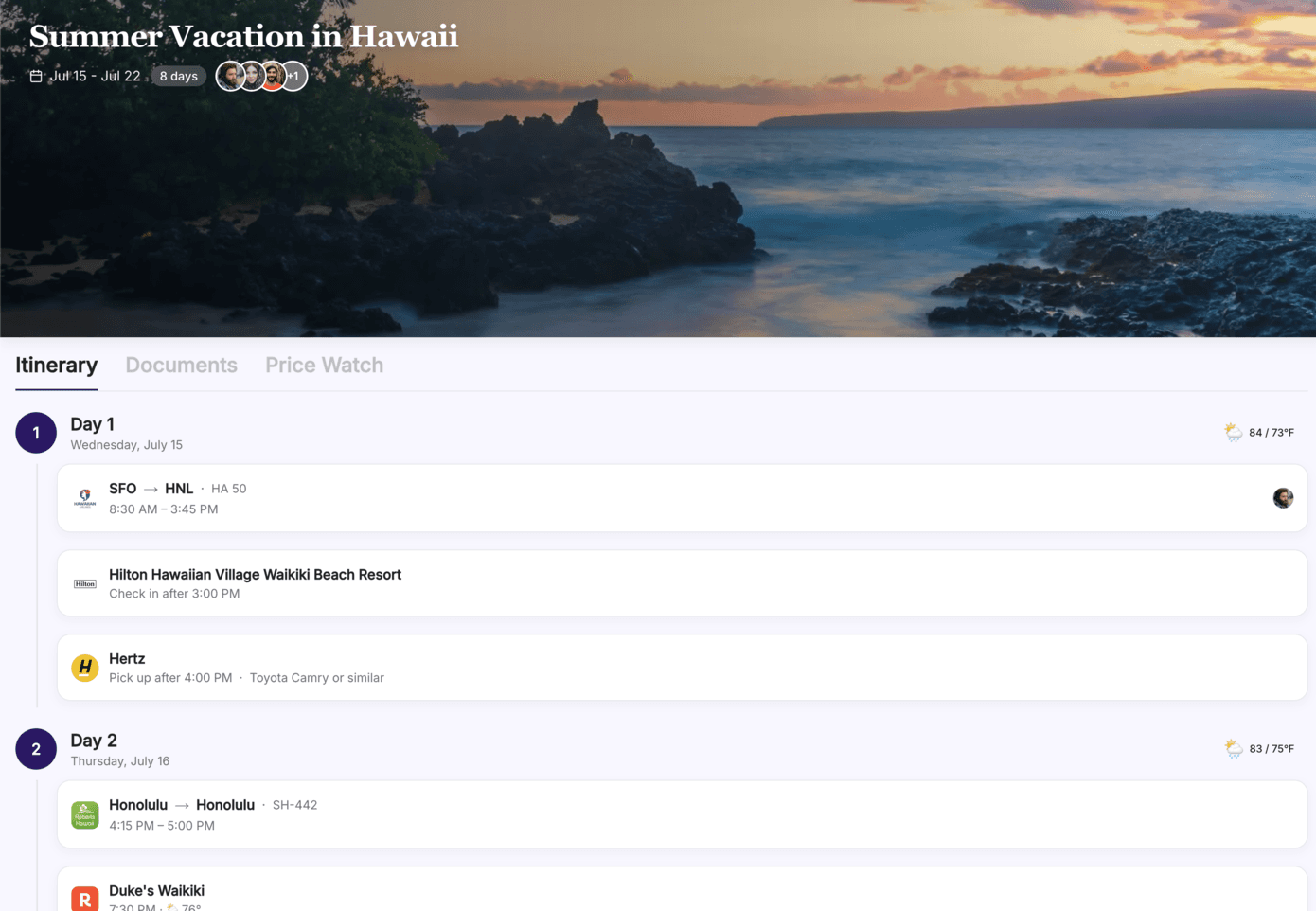 A shared Plot trip overview with friends and family on the facepile and a day-by-day itinerary.